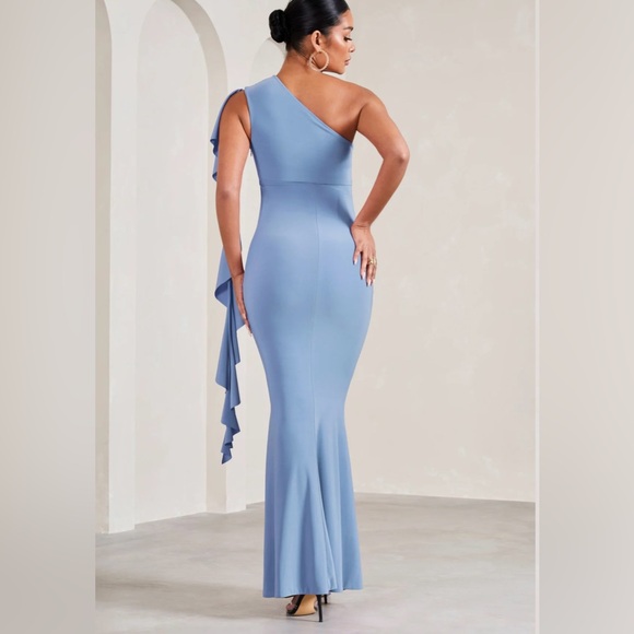 Cornflower Blue One-Shoulder Maternity Maxi Dress With Ruffles - Picture 3 of 6